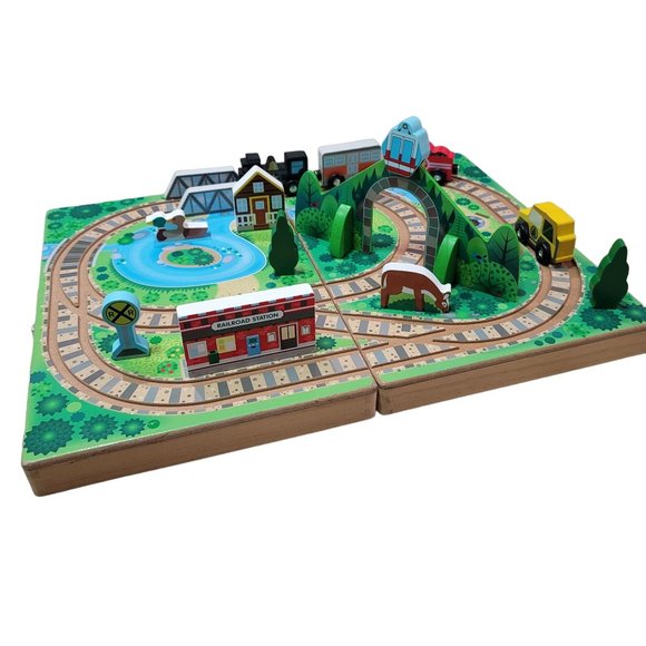 Melissa & Doug 17-Piece Wooden Take-Along Tabletop Railroad perfect for travel - Picture 4 of 13